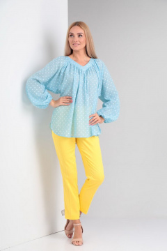 Летний комплект из свободной блузки и брюков с заутюженными кантами Gamma Gracia 567 желтый-голубой-белый-горох - фото 2