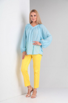 Летний комплект из свободной блузки и брюков с заутюженными кантами Gamma Gracia 567 желтый-голубой-белый-горох - фото 1