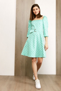 Платье мини с вырезом каре из хлопка в бирюзовом цвете Condra 4368 белый-мятный - фото 1