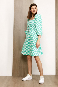 Платье мини с вырезом каре из хлопка в бирюзовом цвете Condra 4368 белый-мятный - фото 2