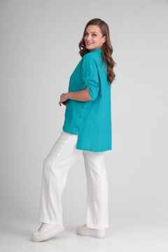 Блуза свободного кроя с длинными рукавами и разрезами Rishelie 899-1 бирюза - фото 4