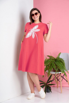 Летнее трапециевидное платье с декоративной вышивкой и рукавом Ивелта плюс 1782/2 коралл - фото 2