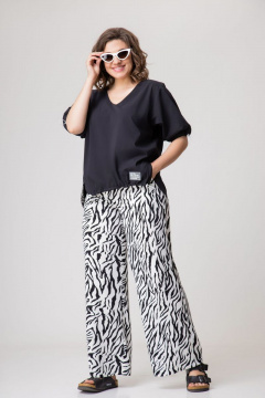 Летний комплект блузы и брюк из хлопка EVA GRANT 170 черный+зебра - фото 1