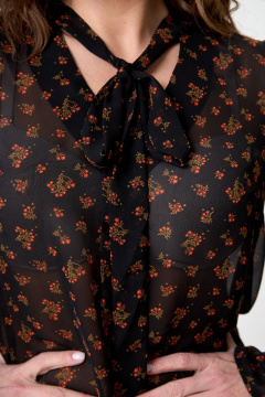 Блуза прямая с вырезом и бантом из вискозы Anelli 1233 черный+цветы - фото 3