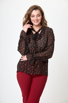 Блуза прямая с вырезом и бантом из вискозы Anelli 1233 черный+цветы - фото 2