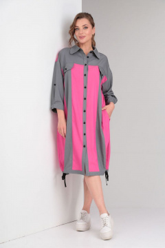 Платье-рубашка свободного силуэта из хлопка и текстиля VIA-Mod 519 серо-розовый - фото 1