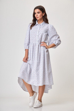 Платье белое свободного силуэта с карманами и рубашечным воротником Anelli 1260 белый+принт_карты - фото 2