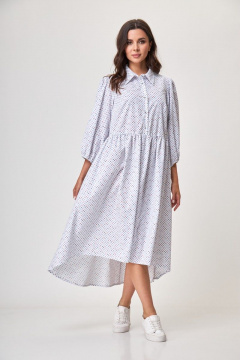 Платье белое свободного силуэта с карманами и рубашечным воротником Anelli 1260 белый+принт_карты - фото 1