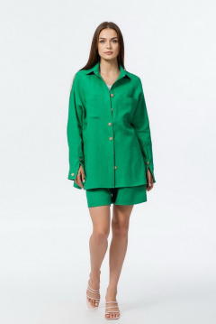 Летняя рубашка из льна со спущенным плечом и карманами Atelero 1057 зеленый - фото 5