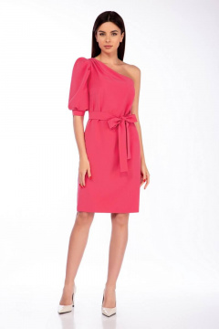 Нарядное платье с асимметрией и открытым плечом, пояс LaKona 11462 коралл - фото 1