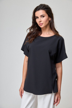 Черная блуза с спущенным плечом и отворотами Anelli 1082 черный - фото 1