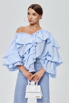 Блуза свободного силуэта из шифона с валанами ENZA 104 голубой - фото 1