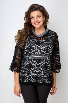 Комплект из блузы, брюк и топа из кружева и атласа Solomeya Lux 866 темно-синий - фото 4