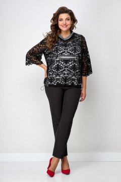Комплект из блузы, брюк и топа из кружева и атласа Solomeya Lux 866 темно-синий - фото 3