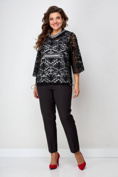 Комплект из блузы, брюк и топа из кружева и атласа Solomeya Lux 866 темно-синий - фото 1