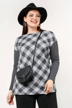 Джемпер в клетку свободного силуэта из трикотажа в лапшу La rouge 3229 серый-(клетка) - фото 1