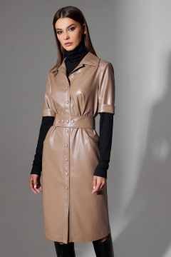 Эко-кожаное платье полуприлегающего силуэта с отлетным поясом DILIA 0671 бежевый - фото 3