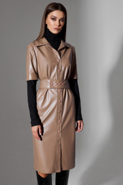 Эко-кожаное платье полуприлегающего силуэта с отлетным поясом DILIA 0671 бежевый - фото 2