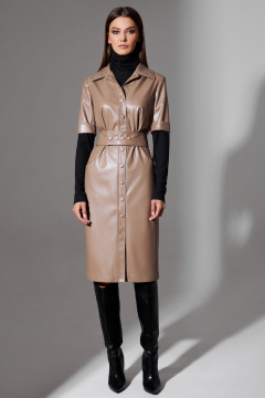 Эко-кожаное платье полуприлегающего силуэта с отлетным поясом DILIA 0671 бежевый - фото 1