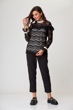 Черная кружевная блуза с воланами и воротником стойка Anelli 933 черный+пудра - фото 2