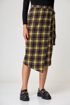 Деловая теплая юбка из текстиля с асимметричным дизайном Anelli 1310 горчица+клетка - фото 2