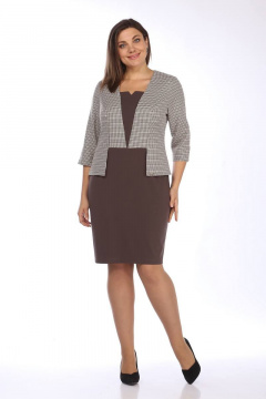 Платье полупрямого силуэта с V-образным вырезом и рельефами Lady Style Classic 762 кофейный_с_бежевым - фото 1