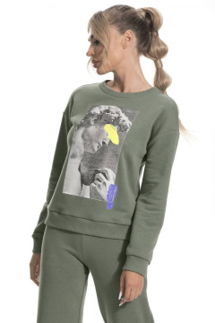 Джемпер из трикотажа с поясом и дизайном из хлопка Golden Valley 2316 зеленый - фото 1