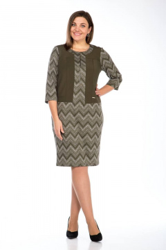 Платье полупрямое из трикотажа с имитацией жилета и разрезом Lady Style Classic 1677 хаки_с_серым - фото 2