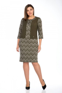Платье полупрямое из трикотажа с имитацией жилета и разрезом Lady Style Classic 1677 хаки_с_серым - фото 1