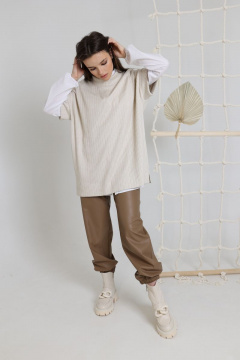 Брюки из эко-кожи с резинкой и карманами на хлопковой основе AMORI 5158 кофе - фото 1