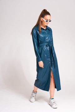 Платье из экокожи с поясом и отложным воротником KaVaRi 1005.2 изумруд - фото 1