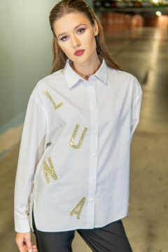 Белая рубашка из хлопка, с аппликацией из пайеток Luna 063 белый - фото 4
