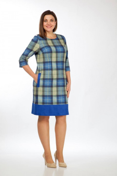 Платье полуприлегающего силуэта с нагрудными и талиевыми вытачками Lady Style Classic 960/1 синий_с_салатовым_"клетка" - фото 2