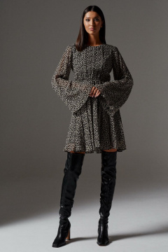 Бежевое и черное платье из легкой ткани с резинкой и V-вырезом ANNETE A3235 - фото 1