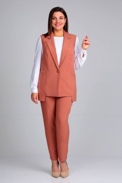 Деловой женский костюм 3 предмета жилет, брюки, блуза Liona Style 859 терракот - фото 2
