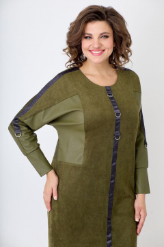 Платье свободное из хлопка с декоративной тесьмой Solomeya Lux 772 хаки - фото 2