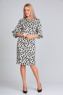 Нарядное платье с драпировкой и рукавом 3/4 Gamma Gracia 431 черный белый ромашка - фото 3