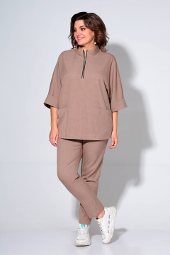 Бежевый комплект блузки и брюк на резинке из текстиля Liona Style 862 мокко - фото 2