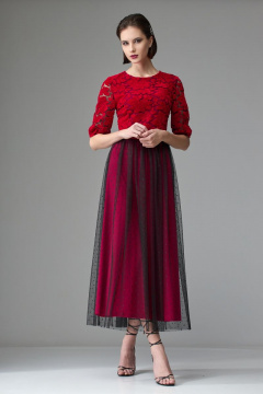 Нарядное платье из кружева и сетки с присборенной талией и удлинением Орхидея 1231-1 алый - фото 1