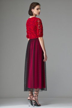 Нарядное платье из кружева и сетки с присборенной талией и удлинением Орхидея 1231-1 алый - фото 2