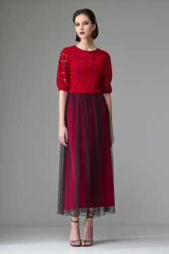 Нарядное платье из кружева и сетки с присборенной талией и удлинением Орхидея 1231-1 алый - фото 3