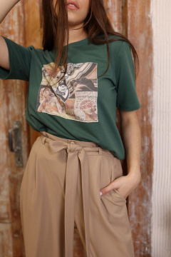 Бежевые широкие брюки из текстиля с карманами и поясом AMORI 5170 капучино - фото 2