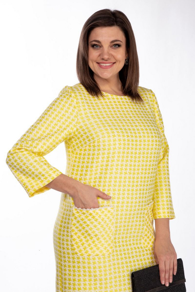 Демисезонное платье с принтом «гусиная лапка» и карманами Michel chic 2114 желтый - фото 2