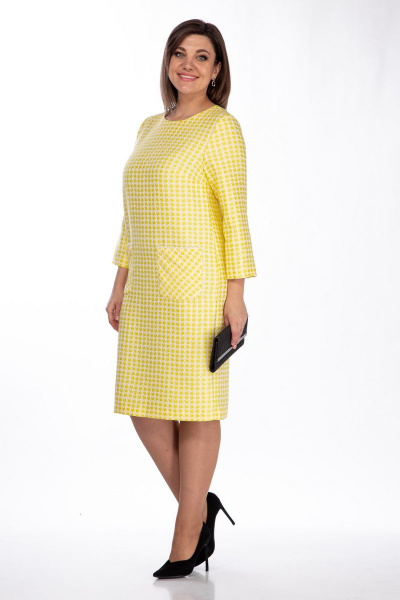 Демисезонное платье с принтом «гусиная лапка» и карманами Michel chic 2114 желтый - фото 3