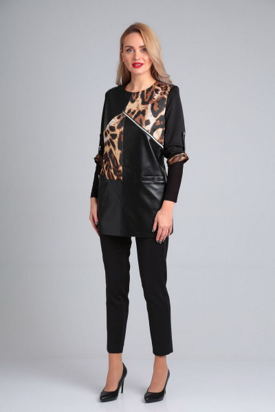 Комплект платье и брюки с поясом и двойными рукавами из трикотажа Gamma Gracia 225 черный тигровый - фото 1