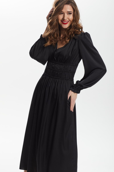 платье приталенное с сборкой и рюшей из искусственного шёлка DAVA 138 черный - фото 7