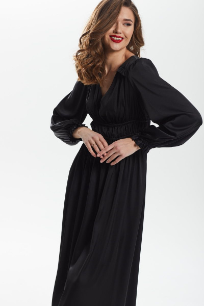 платье приталенное с сборкой и рюшей из искусственного шёлка DAVA 138 черный - фото 5