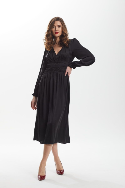 платье приталенное с сборкой и рюшей из искусственного шёлка DAVA 138 черный - фото 2