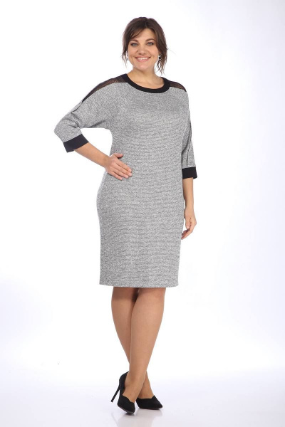 Платье трикотажное прямого силуэта с рельефами и гипюром Lady Style Classic 1711 серый_с_черным - фото 1
