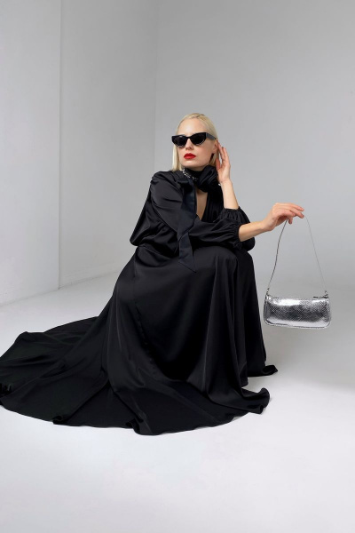 Макси платье с глубоким V-вырезом из атласа и сборками HELEN BIRCH Pl003a - фото 12